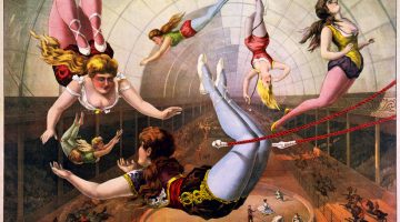 Una ilustración de época con mujeres trapecistas en un circo