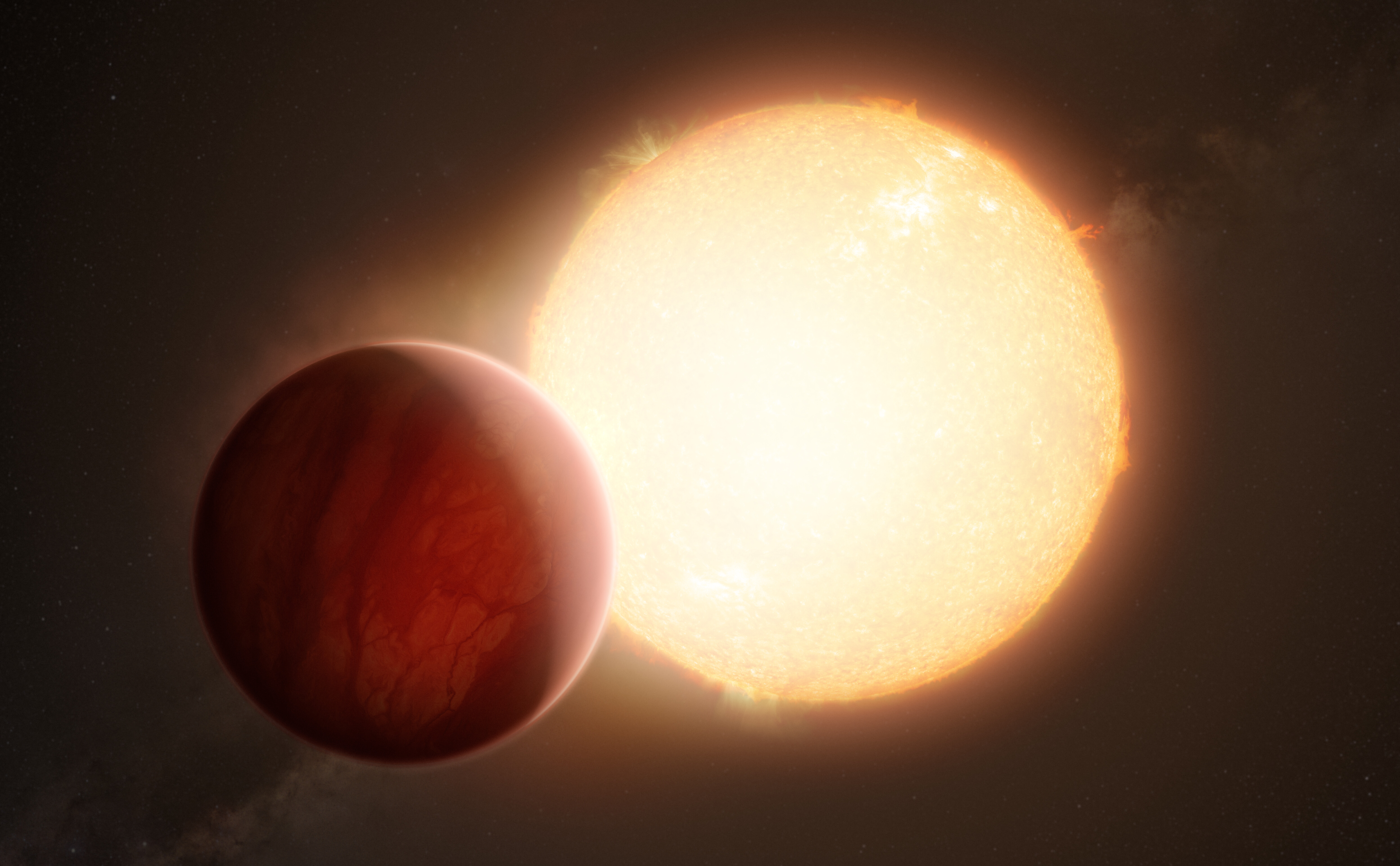 This artist’s impression shows an ultra-hot exoplanet, a planet beyond our Solar System, as it is about to transit in front of its host star. When the light from the star passes through the planet’s atmosphere, it is filtered by the chemical elements and molecules in the gaseous layer. With sensitive instruments, the signatures of those elements and molecules can be observed from Earth. Using the ESPRESSO instrument of ESO’s Very Large Telescope, astronomers have found the heaviest element yet in an exoplanet's atmosphere, barium, in the two ultra-hot Jupiters WASP-76 b and WASP-121 b.
